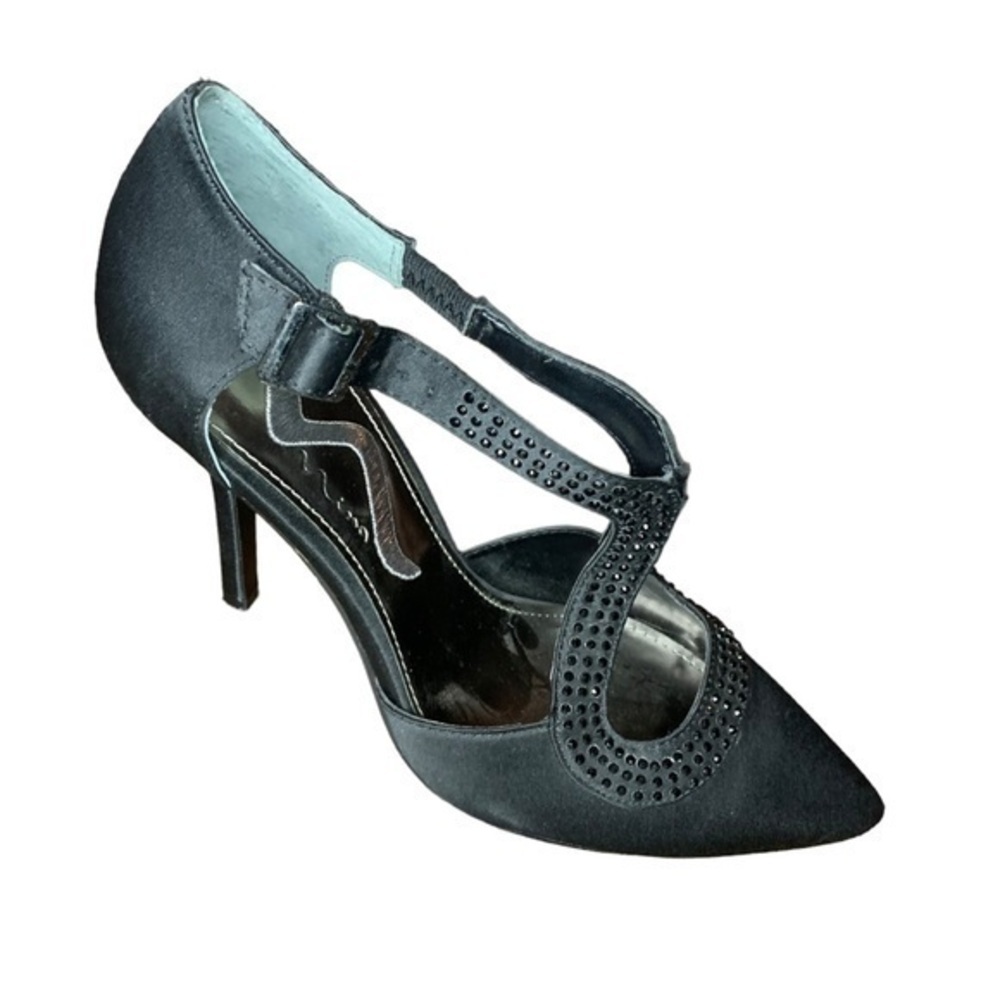 Nina Black Satin Pump w/ Rhinestones Ladies Closed Toe Satin Stilettos Size 8